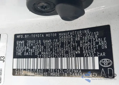 2012 Toyota Corolla Le z USA, uszkodzony, nr VIN 2T1BU4EE7CC790903